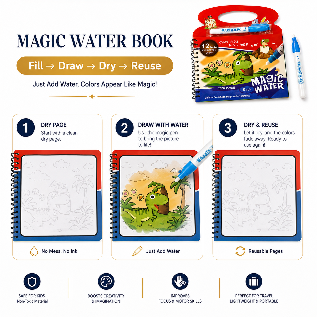Magic Water Book β Reusable Water Drawing & Coloring Book
