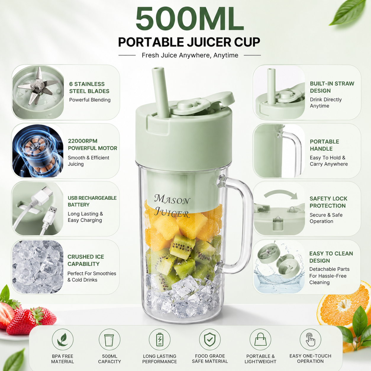 500ML Portable USB Rechargeable Juicer Blender with Straw