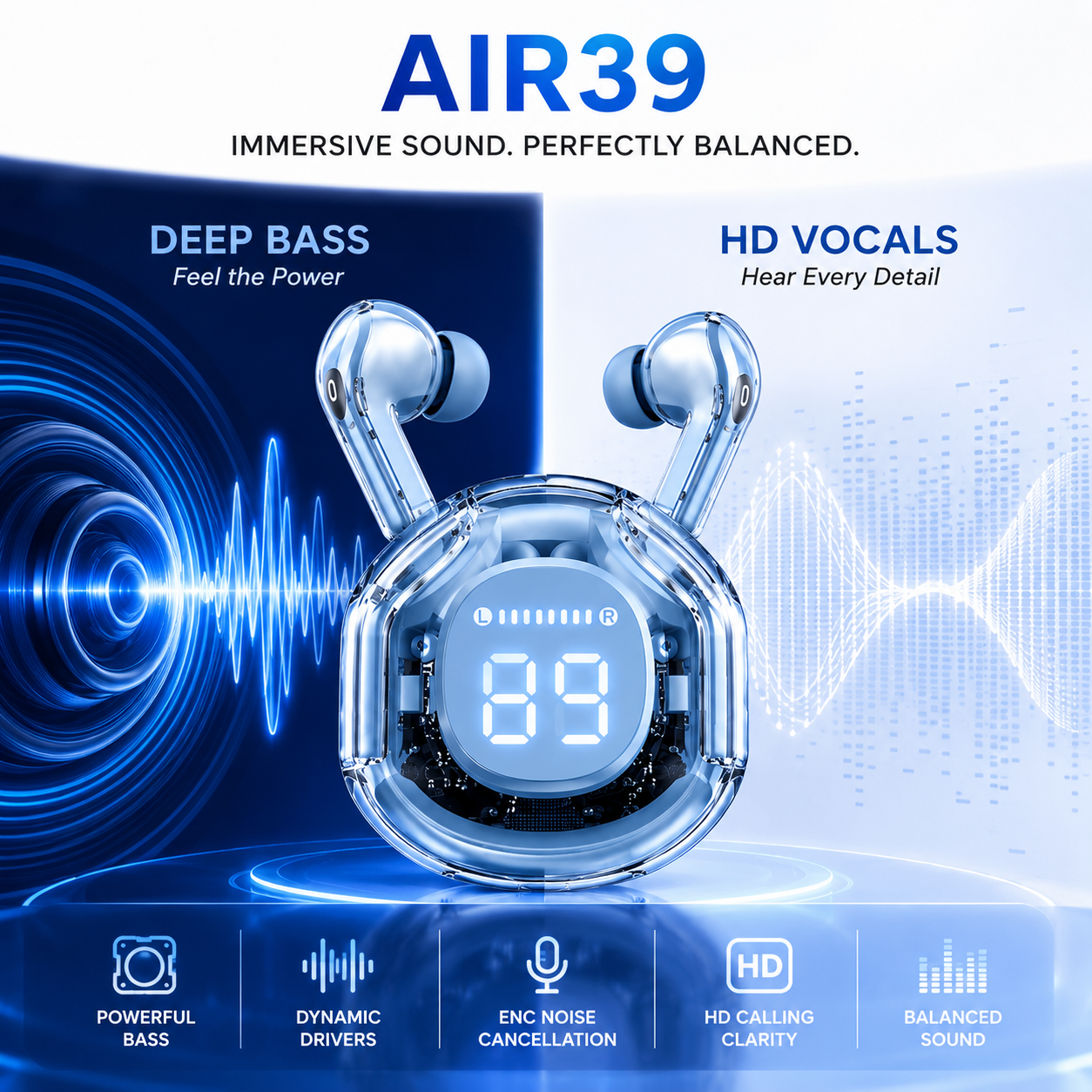 Air39 Transparent Wireless Earbuds Bluetooth 5.3 – LED Display Charging Case