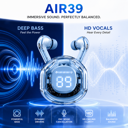 Air39 Transparent Wireless Earbuds Bluetooth 5.3 – LED Display Charging Case