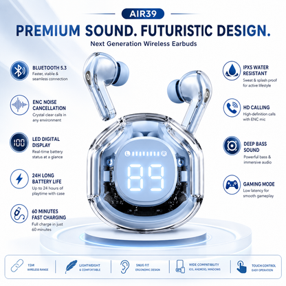 Air39 Transparent Wireless Earbuds Bluetooth 5.3 – LED Display Charging Case