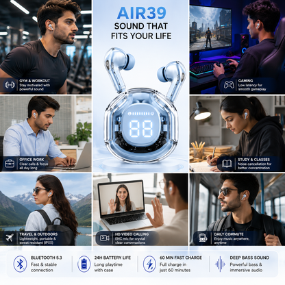 Air39 Transparent Wireless Earbuds Bluetooth 5.3 – LED Display Charging Case
