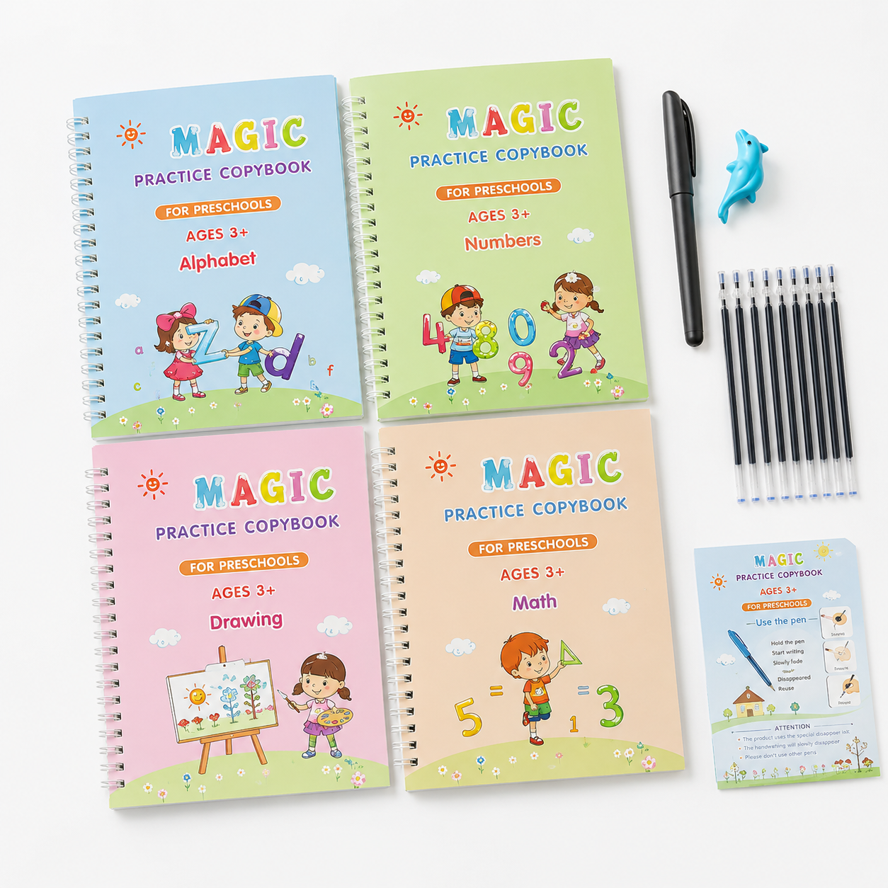 Magic Handwriting Practice Copybook Set – Alphabet, Numbers, Math & Drawing Reusable Learning Books