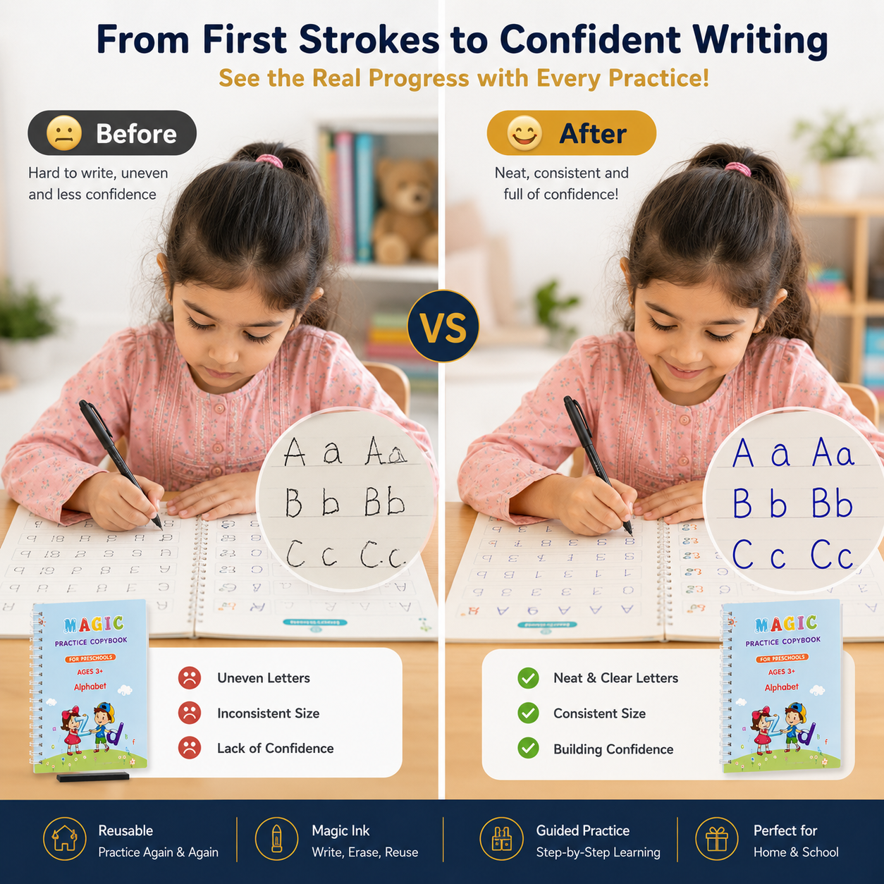 Magic Handwriting Practice Copybook Set – Alphabet, Numbers, Math & Drawing Reusable Learning Books