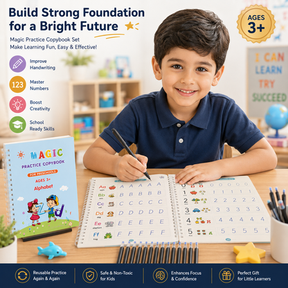 Magic Handwriting Practice Copybook Set – Alphabet, Numbers, Math & Drawing Reusable Learning Books
