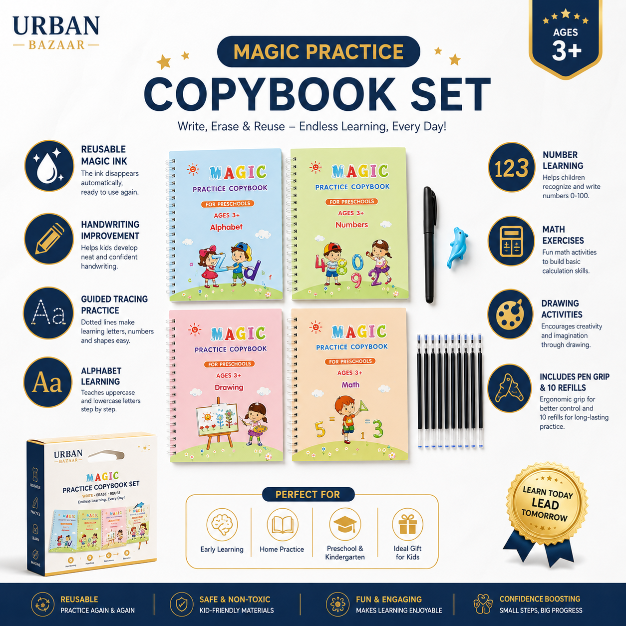 Magic Handwriting Practice Copybook Set – Alphabet, Numbers, Math & Drawing Reusable Learning Books