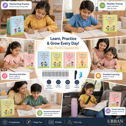 Magic Handwriting Practice Copybook Set – Alphabet, Numbers, Math & Drawing Reusable Learning Books