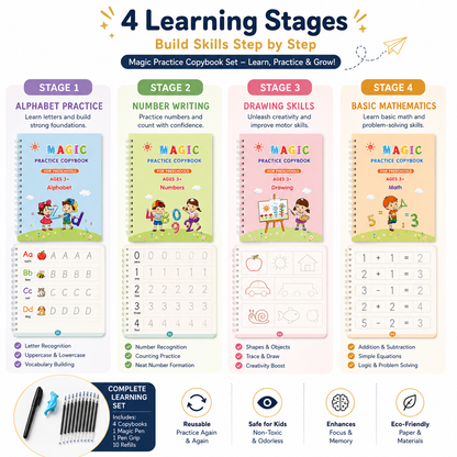 Magic Handwriting Practice Copybook Set – Alphabet, Numbers, Math & Drawing Reusable Learning Books