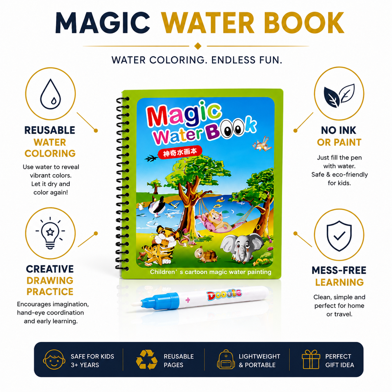Magic Water Book for Kids – Reusable Water Coloring & Drawing Book with Magic Pen