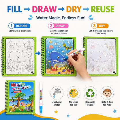 Magic Water Book for Kids – Reusable Water Coloring & Drawing Book with Magic Pen