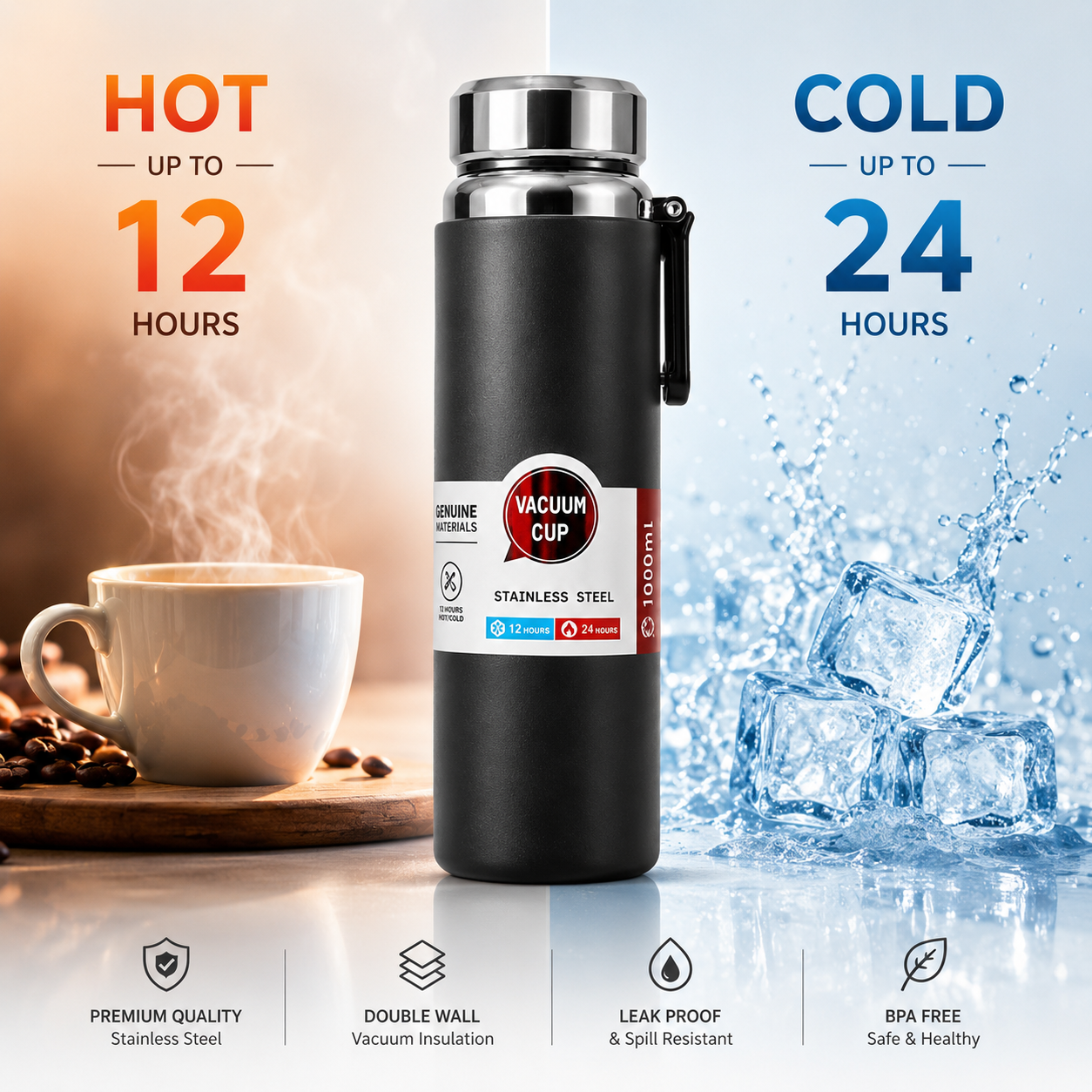 Premium Stainless Steel Thermal Bottle Vacume Insulated LeakProof – 1000ML